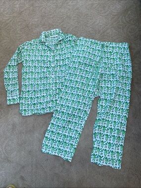 Roller Rabbit White Pajama Set with Green Monkey Print
